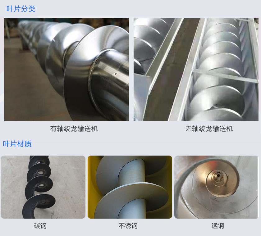 絞龍輸送機分為有軸和無軸絞龍輸送機，可根據(jù)物料不同選擇有碳鋼、不銹鋼、錳鋼等材質。
